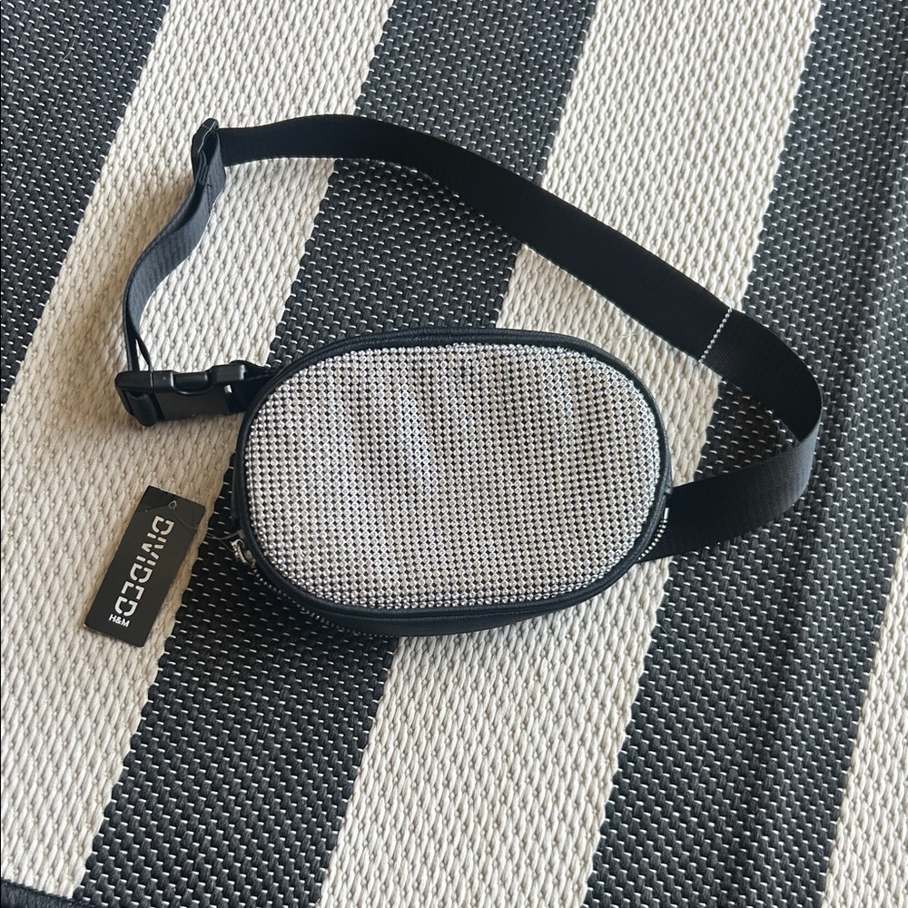 Divided Black and rhinestone Mesh Belt Bag